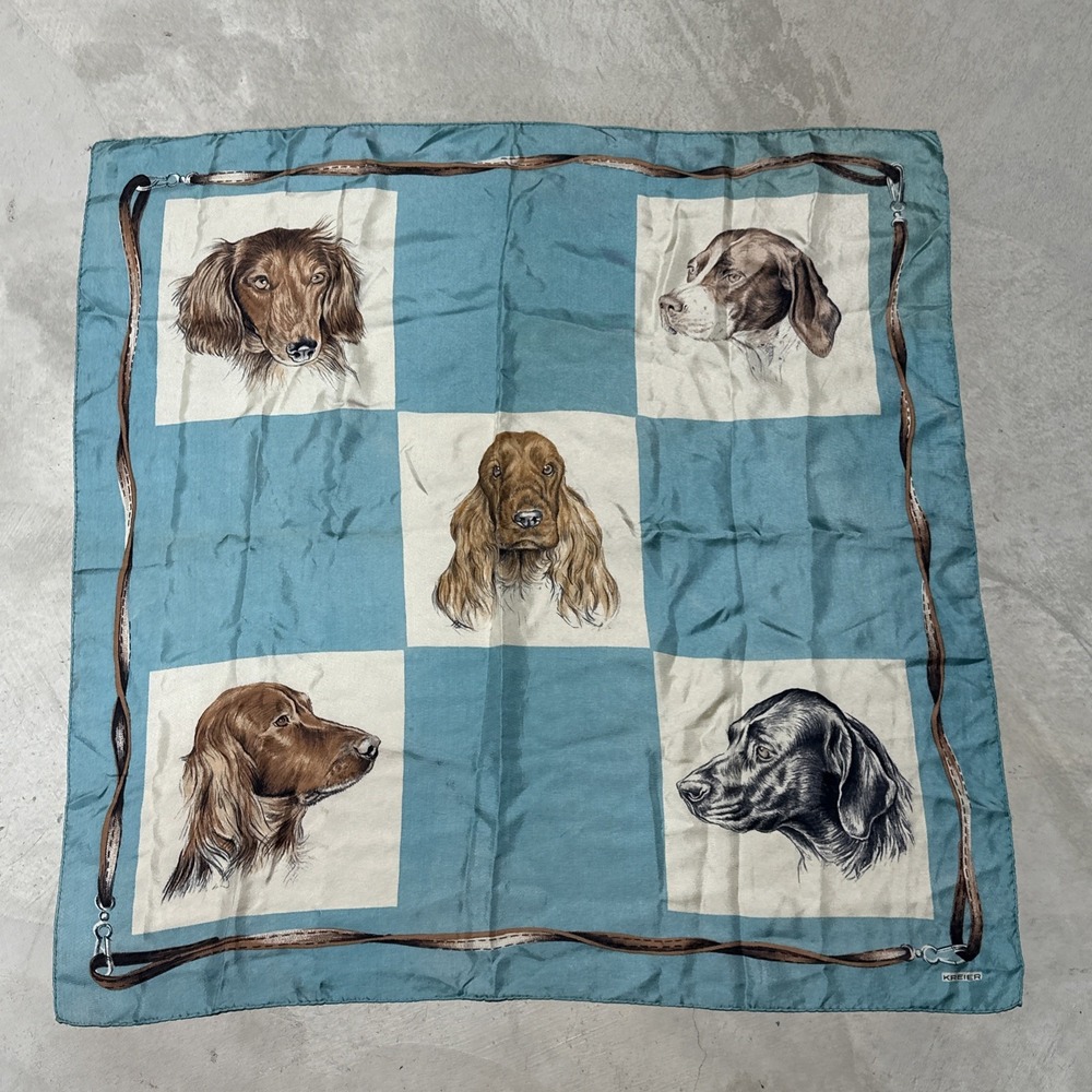 Vintage Kreier Dog Hunting Silk Scarf Switzerland Hand Stitched Hem 26" x 26"